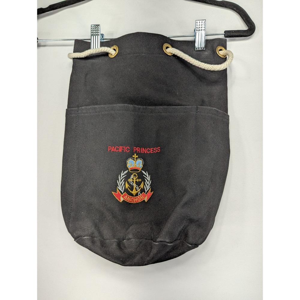 Pacific Princess Black Canvas Drawstring Bucket Bag‎ Nautical Anchor Crest